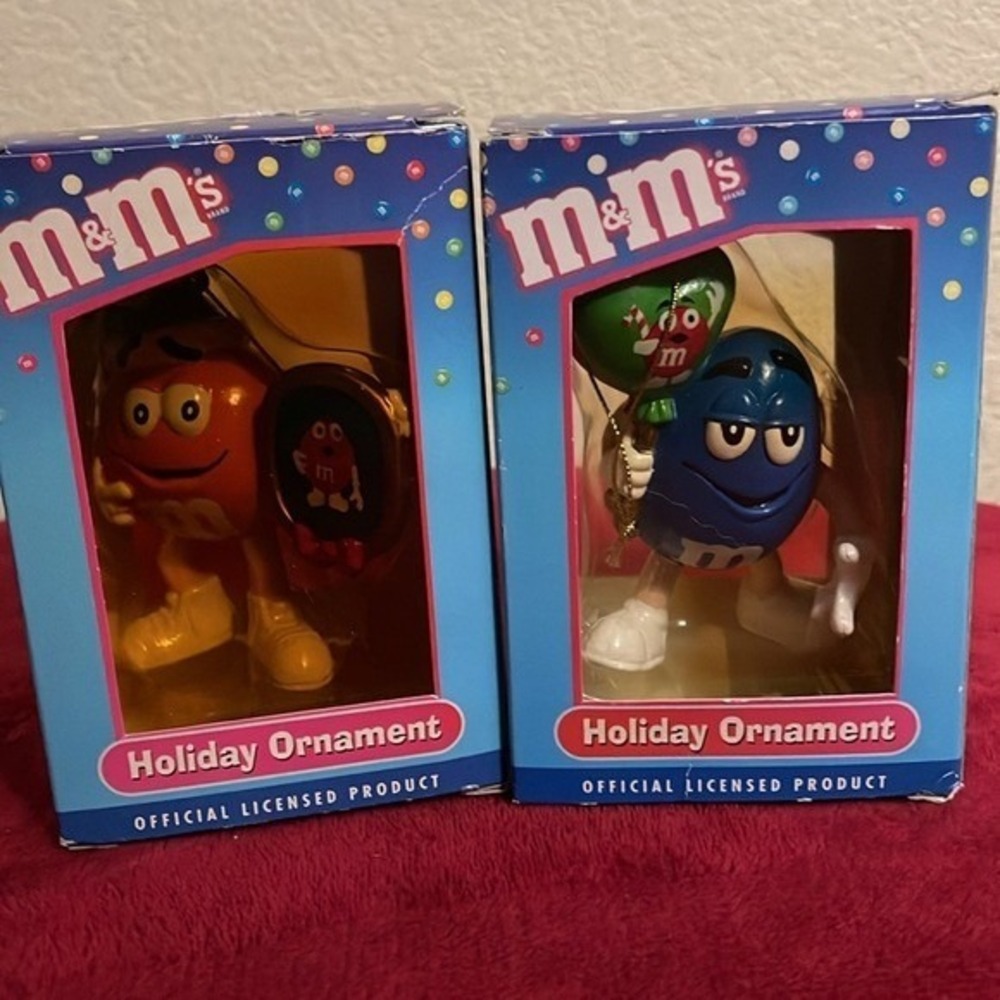 Vintage M&M's Holiday Ornaments Blue and Orange Characters Set of 2 in Box - Picture 2 of 11